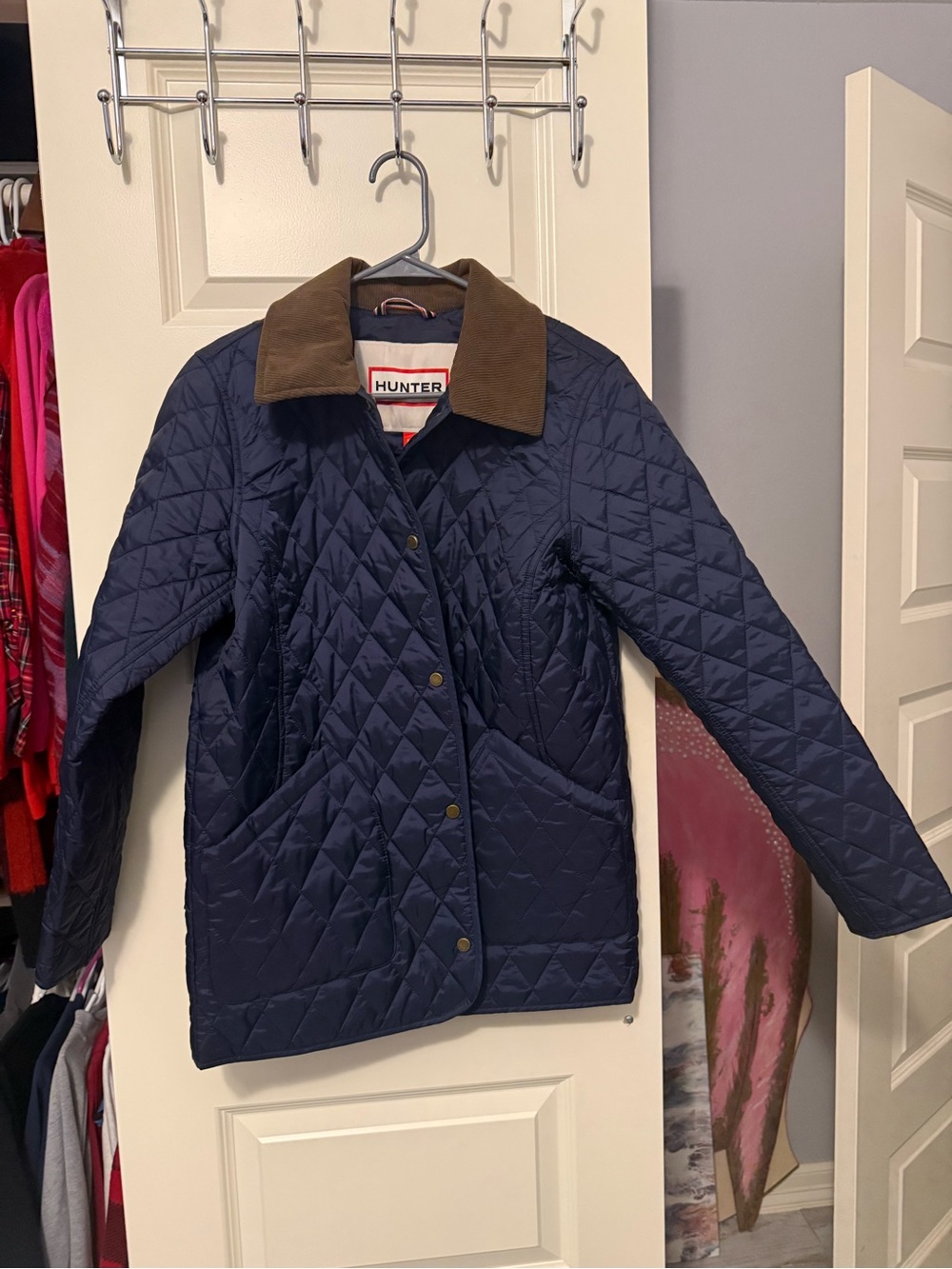 Ladies Hunter Navy Quilted Raincoat with Brown Collar